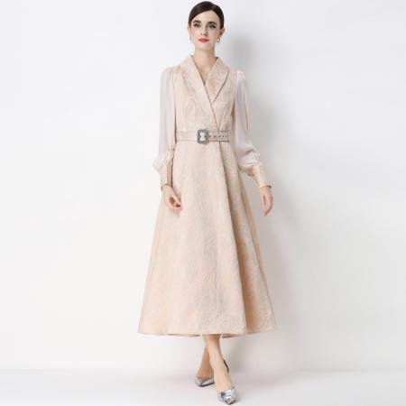 FA54347# 气质优雅通勤提花灯笼袖连衣裙西装领大摆长裙送腰带 服裝批發女裝批發服飾貨源