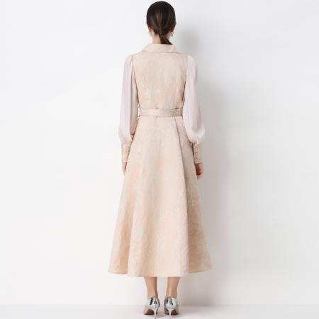 FA54347# 气质优雅通勤提花灯笼袖连衣裙西装领大摆长裙送腰带 服裝批發女裝批發服飾貨源