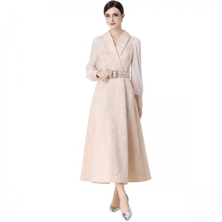 FA54347# 气质优雅通勤提花灯笼袖连衣裙西装领大摆长裙送腰带 服裝批發女裝批發服飾貨源