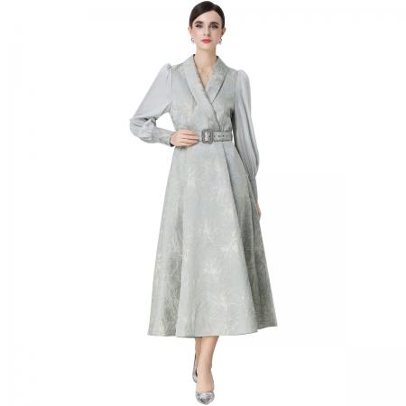 FA54348# 气质优雅通勤提花灯笼袖连衣裙西装领大摆长裙送腰带 服裝批發女裝批發服飾貨源