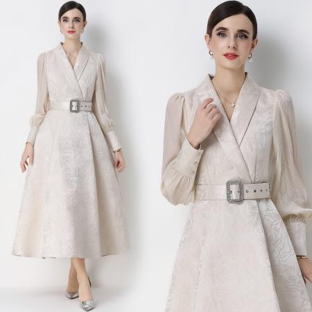 FA54349# 气质优雅通勤提花灯笼袖连衣裙西装领大摆长裙送腰带 服裝批發女裝批發服飾貨源