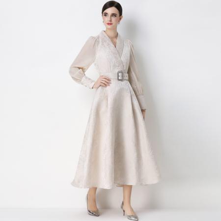 FA54349# 气质优雅通勤提花灯笼袖连衣裙西装领大摆长裙送腰带 服裝批發女裝批發服飾貨源