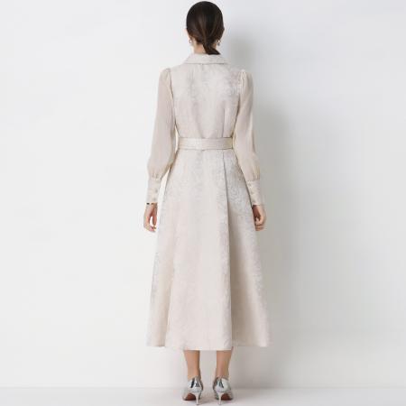 FA54349# 气质优雅通勤提花灯笼袖连衣裙西装领大摆长裙送腰带 服裝批發女裝批發服飾貨源