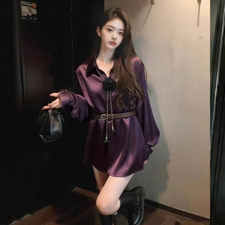 FA54350# 春装新款缎面衬衫不规则气质上衣配腰带 服裝批發女裝批發服飾貨源