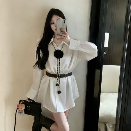 FA54350# 春装新款缎面衬衫不规则气质上衣配腰带 服裝批發女裝批發服飾貨源