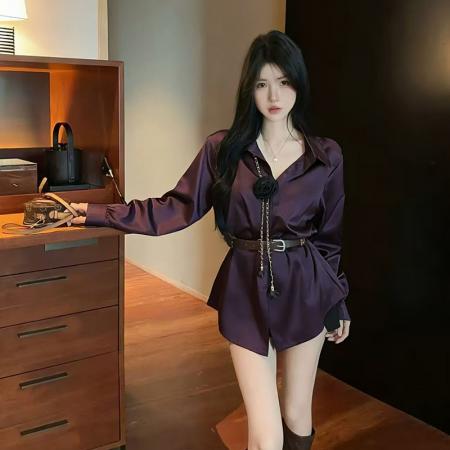 FA54350# 春装新款缎面衬衫不规则气质上衣配腰带 服裝批發女裝批發服飾貨源