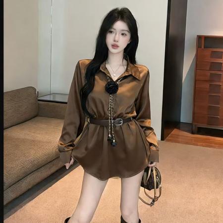 FA54350# 春装新款缎面衬衫不规则气质上衣配腰带 服裝批發女裝批發服飾貨源