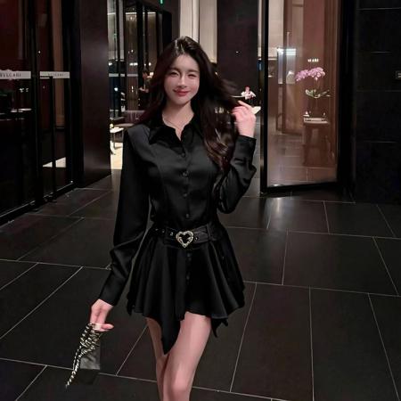 FA54352# 春装新款缎面衬衫不规则气质上衣配腰带 服裝批發女裝批發服飾貨源