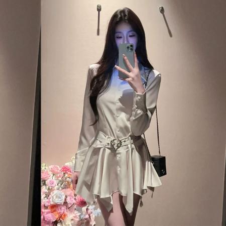 FA54352# 春装新款缎面衬衫不规则气质上衣配腰带 服裝批發女裝批發服飾貨源