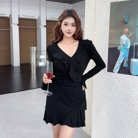 FA54353# 春装新款气质性感显瘦包臀打底长袖连衣裙 服裝批發女裝批發服飾貨源