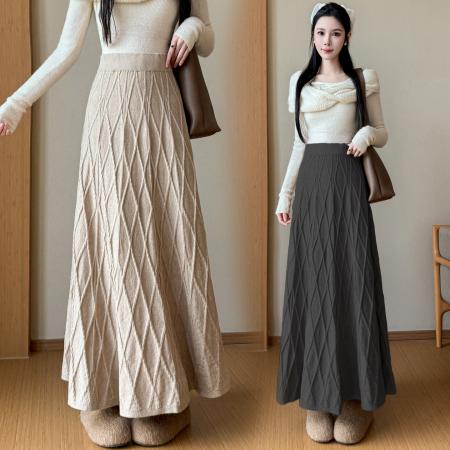 FA54355# 加厚过年穿的针织半身裙女秋冬新款韩版高腰a字大摆长裙  服裝批發女裝批發服飾貨源