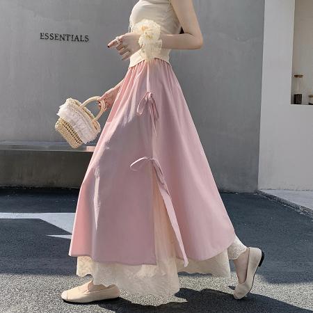 FA54356# 蕾丝花边半身裙女春新款蝴蝶结高腰显瘦a字中长裙大摆裙  服裝批發女裝批發服飾貨源