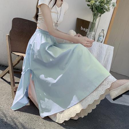 FA54356# 蕾丝花边半身裙女春新款蝴蝶结高腰显瘦a字中长裙大摆裙  服裝批發女裝批發服飾貨源