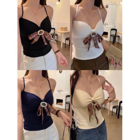 FA54359# 秋季新款甜美磨毛蝴蝶结装饰保暖背心修身显瘦女固定带胸垫  服裝批發女裝批發服飾貨源