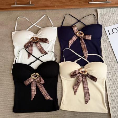 FA54359# 秋季新款甜美磨毛蝴蝶结装饰保暖背心修身显瘦女固定带胸垫  服裝批發女裝批發服飾貨源