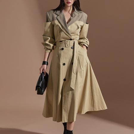 FA54362# 时尚复古气质设计款撞色拼接风衣外套+双排扣A字半身裙  服裝批發女裝批發服飾貨源