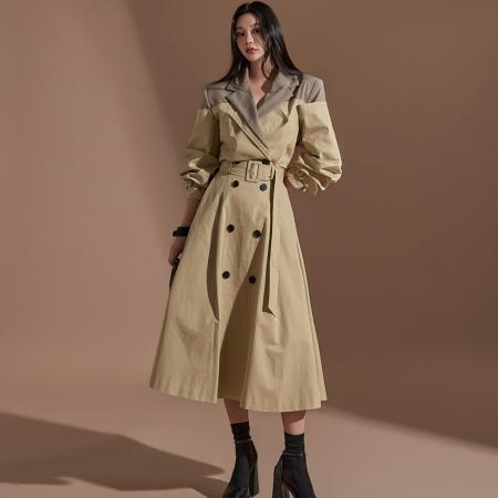 FA54362# 时尚复古气质设计款撞色拼接风衣外套+双排扣A字半身裙  服裝批發女裝批發服飾貨源