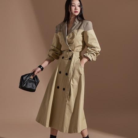 FA54362# 时尚复古气质设计款撞色拼接风衣外套+双排扣A字半身裙  服裝批發女裝批發服飾貨源