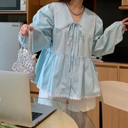 FA54363# 法式韩国洋气甜美花边拼接衬衫衬衣  服裝批發女裝批發服飾貨源