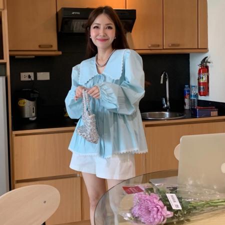 FA54363# 法式韩国洋气甜美花边拼接衬衫衬衣  服裝批發女裝批發服飾貨源