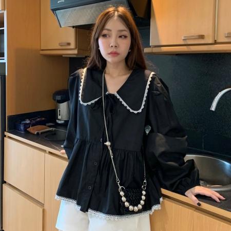 FA54363# 法式韩国洋气甜美花边拼接衬衫衬衣  服裝批發女裝批發服飾貨源