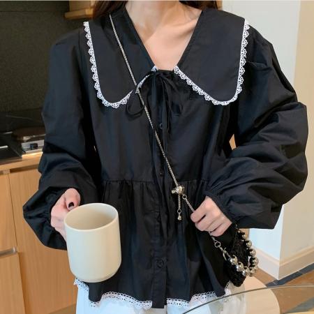 FA54363# 法式韩国洋气甜美花边拼接衬衫衬衣  服裝批發女裝批發服飾貨源