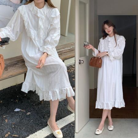 FA54364# 复古宫廷风雕孔绣褶边喇叭袖连衣裙  服裝批發女裝批發服飾貨源