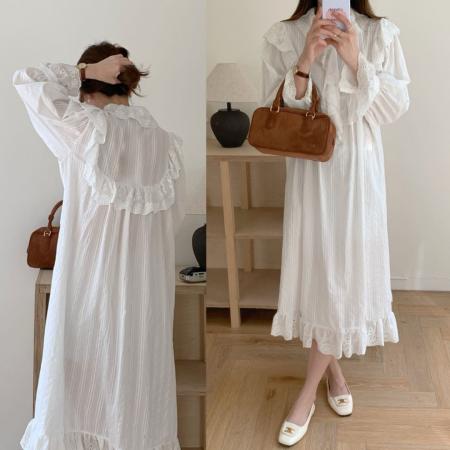 FA54364# 复古宫廷风雕孔绣褶边喇叭袖连衣裙  服裝批發女裝批發服飾貨源