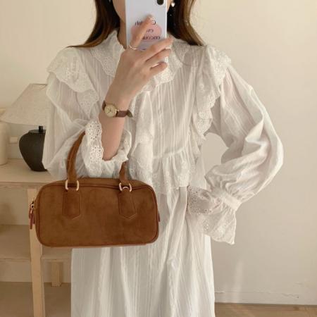 FA54364# 复古宫廷风雕孔绣褶边喇叭袖连衣裙  服裝批發女裝批發服飾貨源