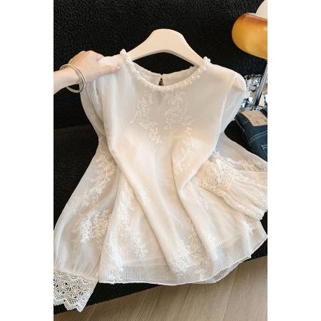 FA54365# 法式温柔风白色刺绣长袖雪纺衫女春季立领木耳边喇叭袖百搭上衣潮  服裝批發女裝批發服飾貨源