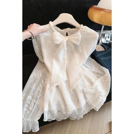 FA54366# 肌理感褶皱钩花蝴蝶结蕾丝衫长袖女早春新款超仙时尚百搭上衣  服裝批發女裝批發服飾貨源