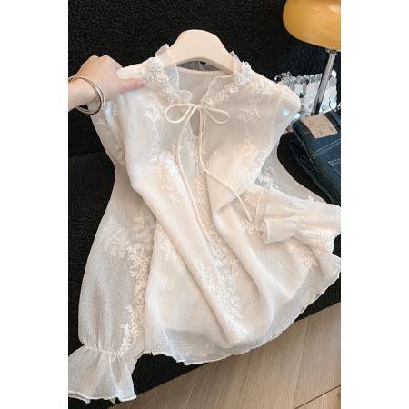 FA54368# 春季新款韩系钉珠系带木耳领蕾丝提花衬衫女通勤内搭长袖上衣  服裝批發女裝批發服飾貨源