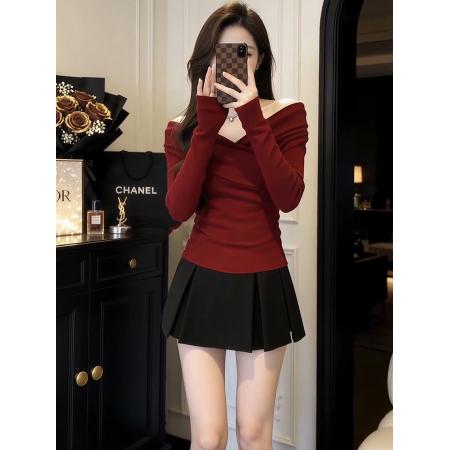 FA54370# 法式甜辣妹红色露肩v领打底衫女内搭设计感长袖t恤绝美上衣秋冬季  服裝批發女裝批發服飾貨源