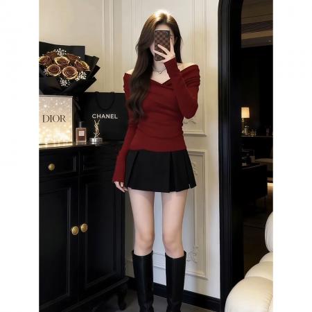FA54370# 法式甜辣妹红色露肩v领打底衫女内搭设计感长袖t恤绝美上衣秋冬季  服裝批發女裝批發服飾貨源