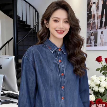 FA54374# 殴洲站时尚刺绣人物卡通外穿内搭叠穿深蓝色牛仔衬衣  服裝批發女裝批發服飾貨源