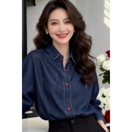 FA54374# 殴洲站时尚刺绣人物卡通外穿内搭叠穿深蓝色牛仔衬衣  服裝批發女裝批發服飾貨源