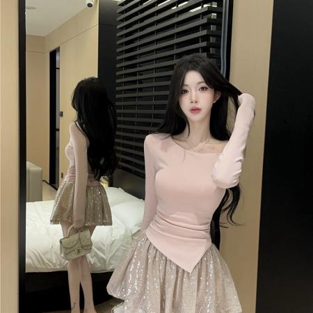 FA54376# 辣妹斜肩修身不规则开叉长袖上衣+A字亮片半身裙  服裝批發女裝批發服飾貨源