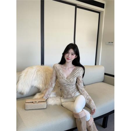 FA54377# 纯欲性感蕾丝镂空拼接修身打底衫加绒  服裝批發女裝批發服飾貨源