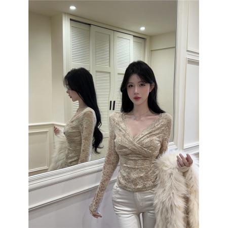 FA54377# 纯欲性感蕾丝镂空拼接修身打底衫加绒  服裝批發女裝批發服飾貨源