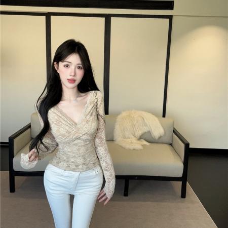 FA54377# 纯欲性感蕾丝镂空拼接修身打底衫加绒  服裝批發女裝批發服飾貨源