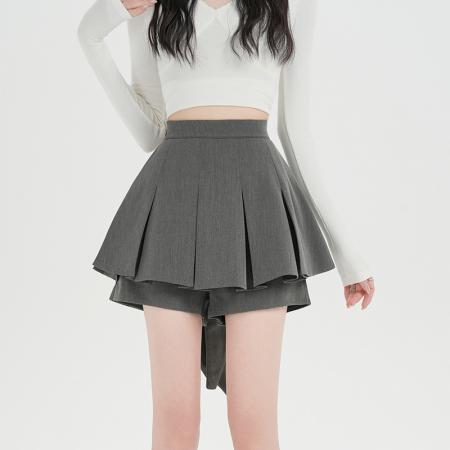 FA54378# 灰色百褶裙女小个子半身裙新款西装半裙高腰裤裙黑色短裙  服裝批發女裝批發服飾貨源