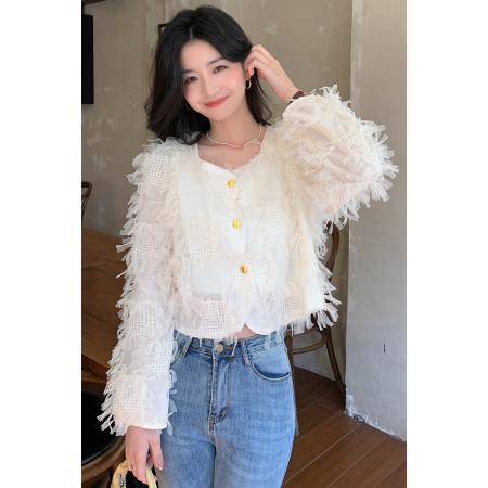 FA54379# 春季新款韩版百搭流苏长袖蕾丝衬衫女上衣  服裝批發女裝批發服飾貨源