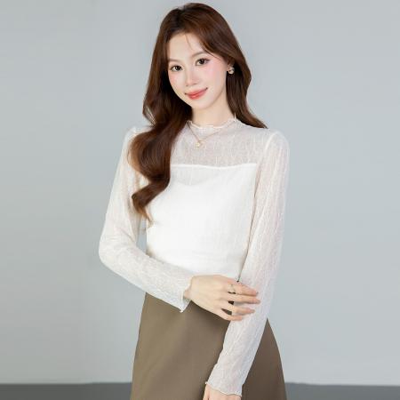 FA54381# 春季新款半高领长袖打底蕾丝衫女薄款打底衫  服裝批發女裝批發服飾貨源