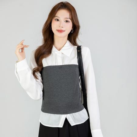 FA54382# 春季新款百搭拼接假两件长袖衬衫女上衣春  服裝批發女裝批發服飾貨源