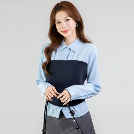 FA54382# 春季新款百搭拼接假两件长袖衬衫女上衣春  服裝批發女裝批發服飾貨源