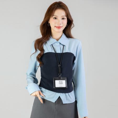 FA54382# 春季新款百搭拼接假两件长袖衬衫女上衣春  服裝批發女裝批發服飾貨源