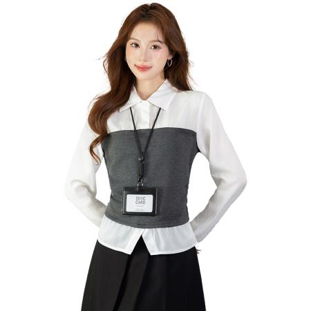 FA54382# 春季新款百搭拼接假两件长袖衬衫女上衣春  服裝批發女裝批發服飾貨源