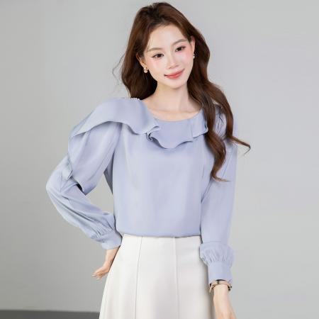 FA54383# 春季新款百搭荷叶边钉珠长袖衬衫女上衣春  服裝批發女裝批發服飾貨源