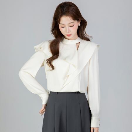 FA54385# 春季新款荷叶边圆领长袖衬衫女上衣春  服裝批發女裝批發服飾貨源