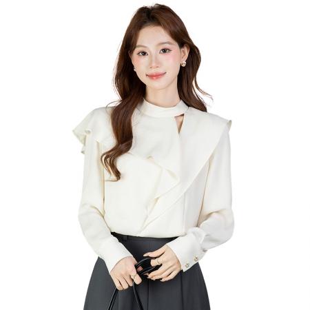 FA54385# 春季新款荷叶边圆领长袖衬衫女上衣春  服裝批發女裝批發服飾貨源